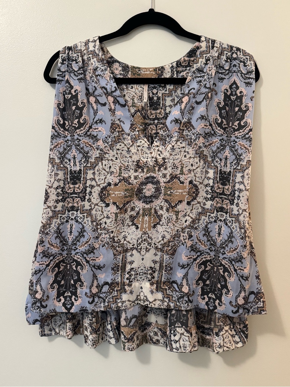 Free People Sleeveless Printed V-Neck Top in Light Blue and Taupe